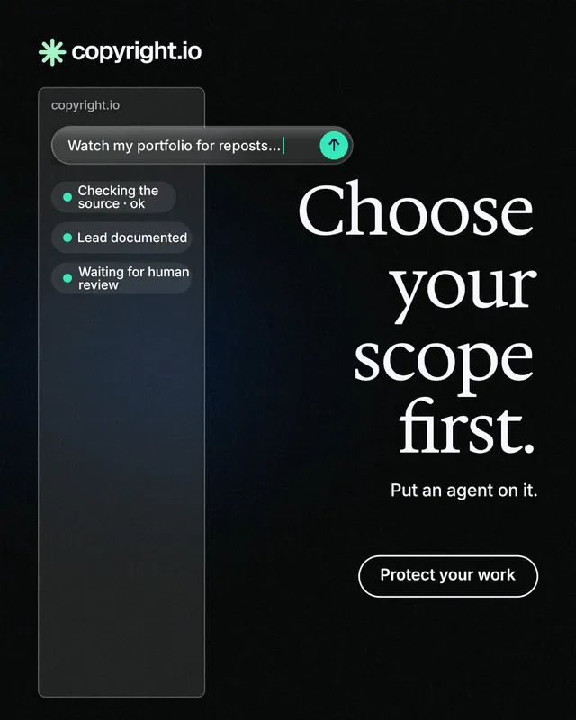 Instagram portrait post for copyright.io: "Choose your scope first." Phosphor atlas style, right layout, dark palette in black, grey.