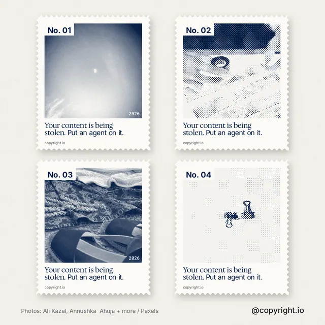 Instagram post for copyright.io: "Your content is being stolen. Put an agent on it." Sheet style, technique:stamp series layout, light palette in white, grey.