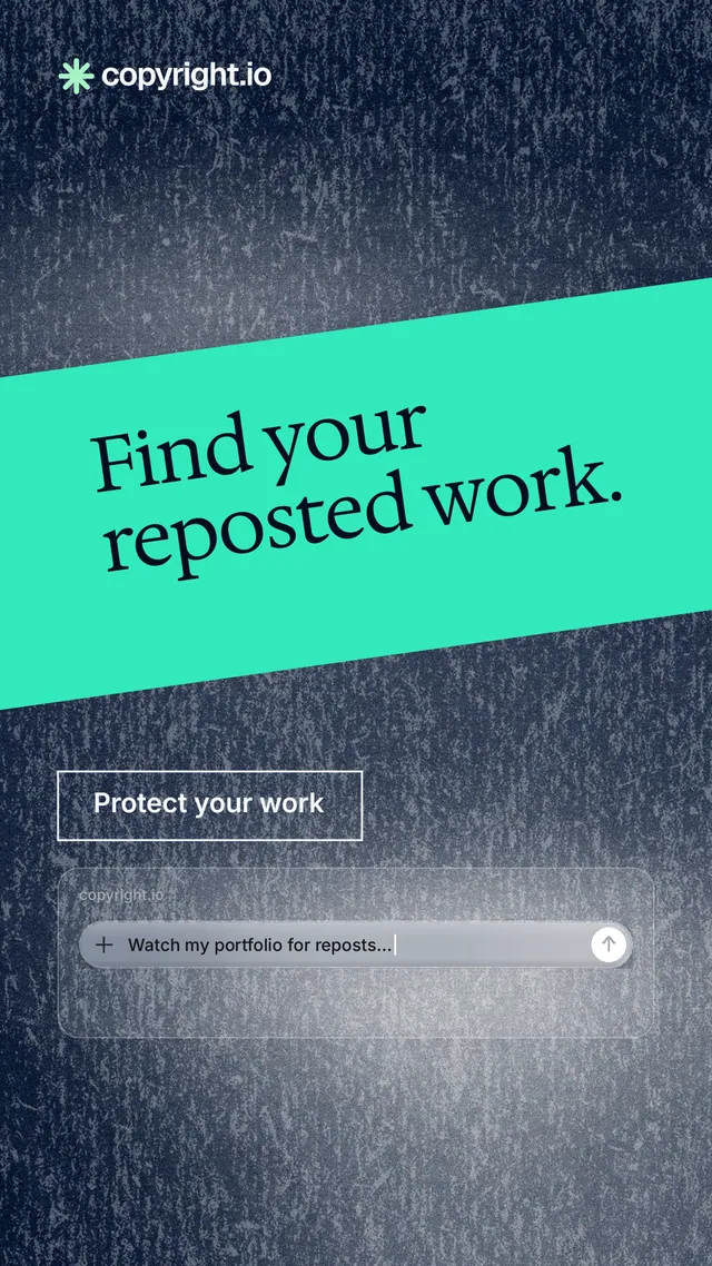 Instagram story for copyright.io: "Find your reposted work." Cyanotype style, diagonal layout, light palette in grey, blue, teal.