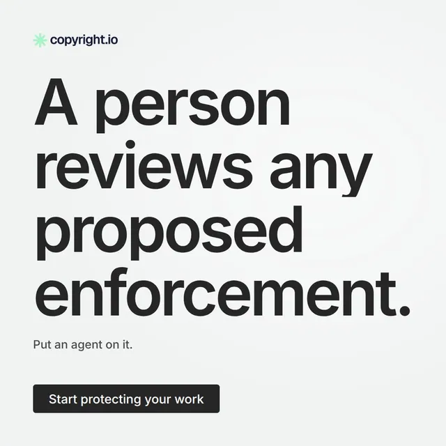 Video for copyright.io: "A person reviews any proposed enforcement.". Doc motion loop, 7.0 s, light palette.