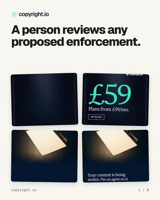 Carousel for copyright.io: "A person reviews any proposed enforcement.". Collection carousel, 8 slides, light palette.