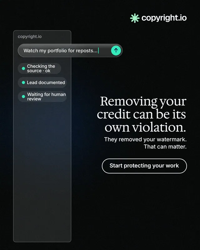 Instagram portrait post for copyright.io: "Removing your credit can be its own violation." Phosphor atlas style, right layout, dark palette in black.