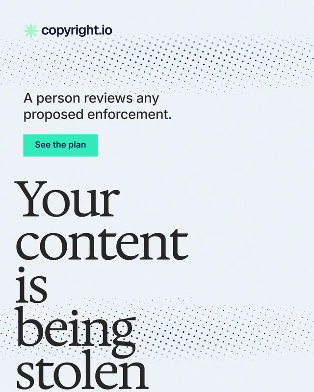 Instagram portrait post for copyright.io: "Your content is being stolen." Swiss style, oversized layout, light palette in white.