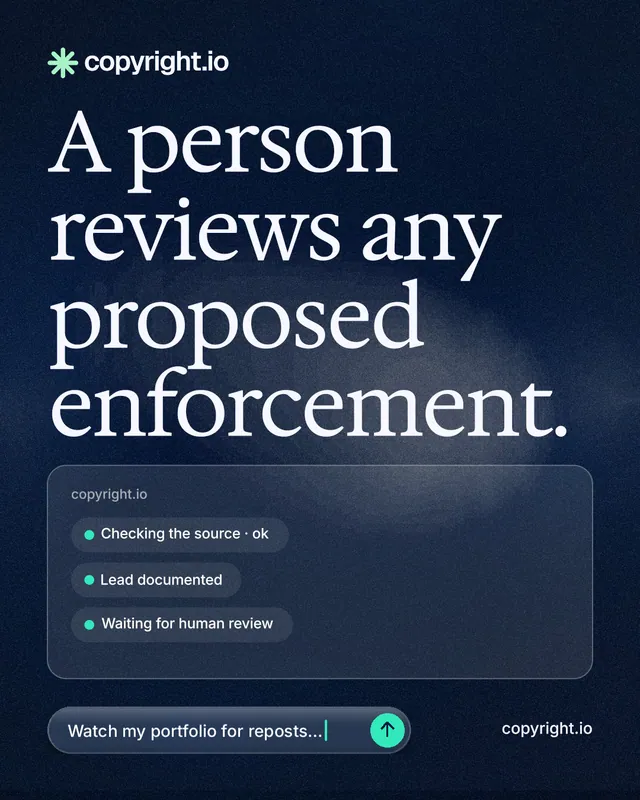 Instagram portrait post for copyright.io: "A person reviews any proposed enforcement." Thermal style, poster layout, dark palette in blue, black, grey.
