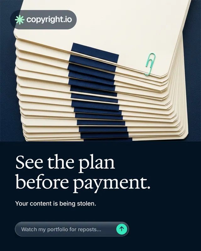 Instagram portrait post for copyright.io: "See the plan before payment." Agentic glass style, bottom layout, dark palette in yellow, black, blue.