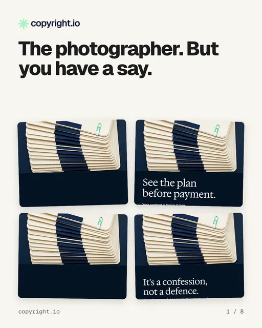 Carousel for copyright.io: "The photographer. But you have a say.". Collection carousel, 8 slides, light palette.