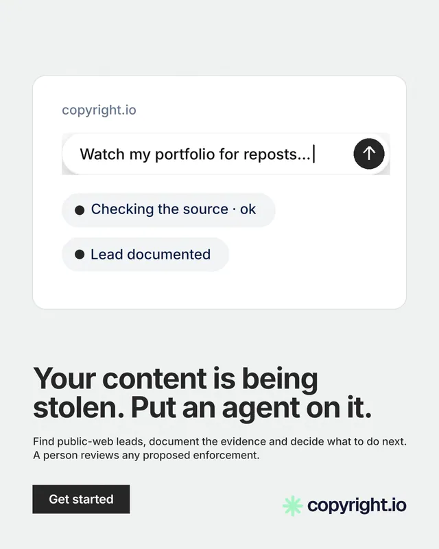 Instagram portrait post for copyright.io: "Your content is being stolen. Put an agent on it." Swiss style, bottom layout, light palette in white.