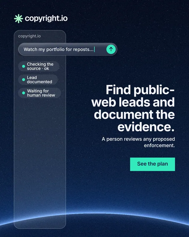 Instagram portrait post for copyright.io: "Find public-web leads and document the evidence." Swiss style, right layout, dark palette in blue, black.