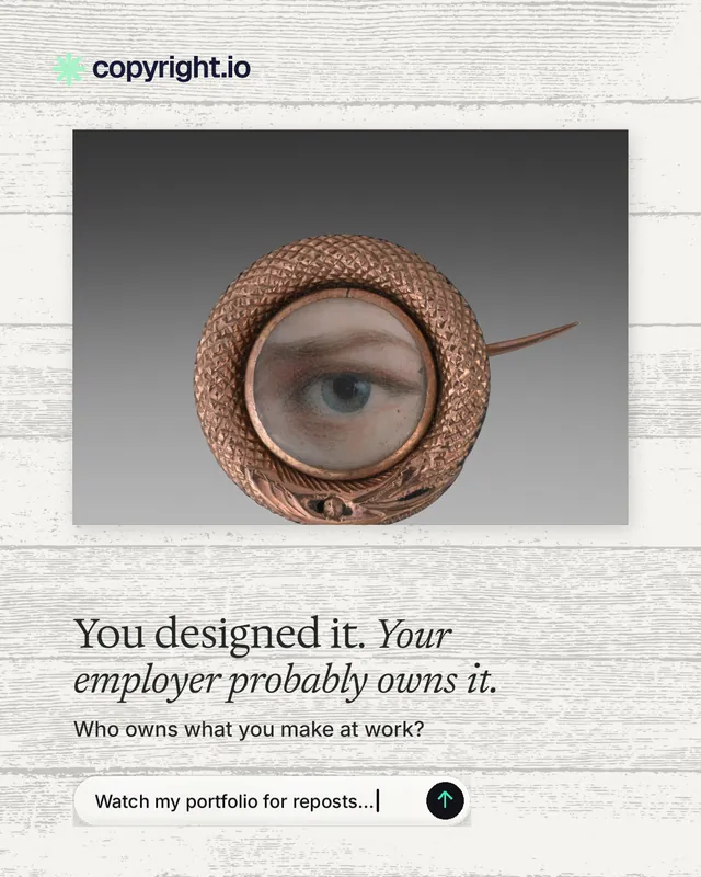 Instagram portrait post for copyright.io: "You designed it. Your employer probably owns it." Agentic glass style, bottom layout, light palette in white, grey.