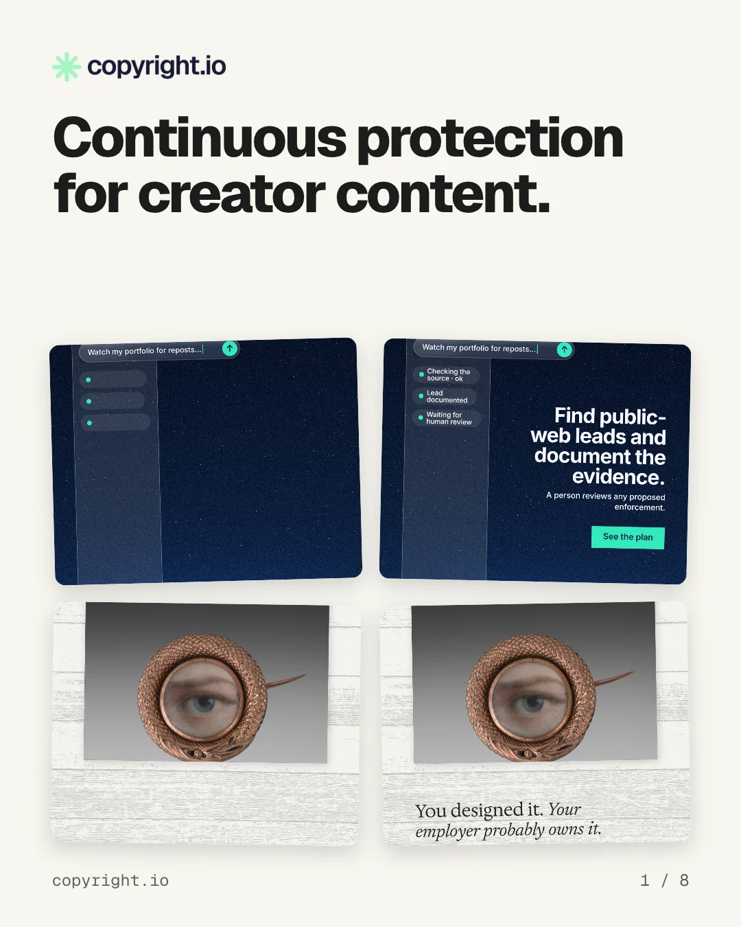 Carousel for copyright.io: "Continuous protection for creator content.". Collection carousel, 8 slides, light palette.