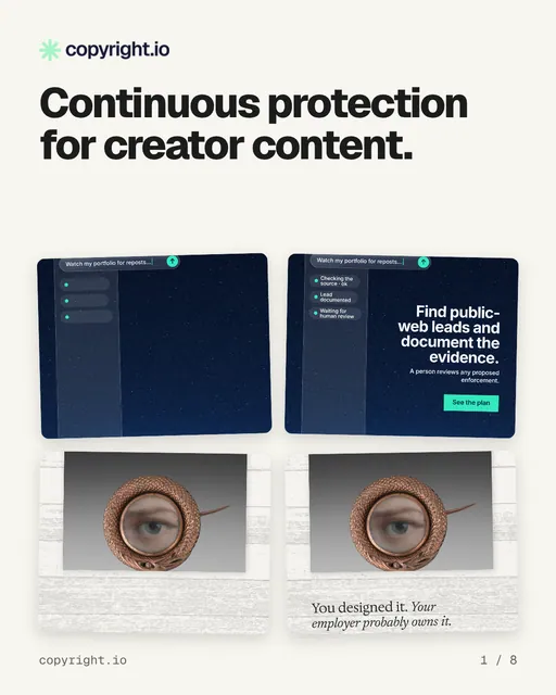 Carousel for copyright.io: "Continuous protection for creator content.". Collection carousel, 8 slides, light palette.