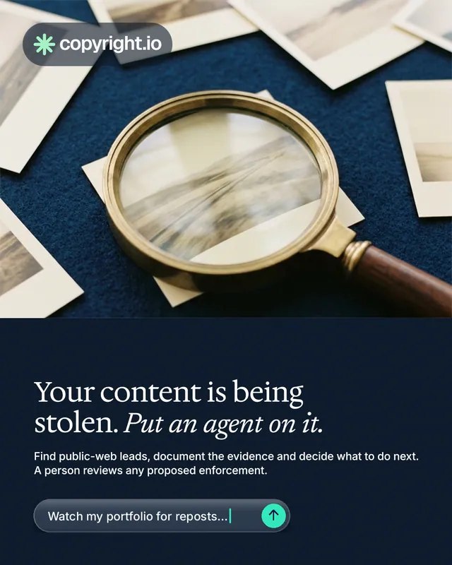 Instagram portrait post for copyright.io: "Your content is being stolen. Put an agent on it." Agentic glass style, bottom layout, dark palette in blue, yellow, grey.
