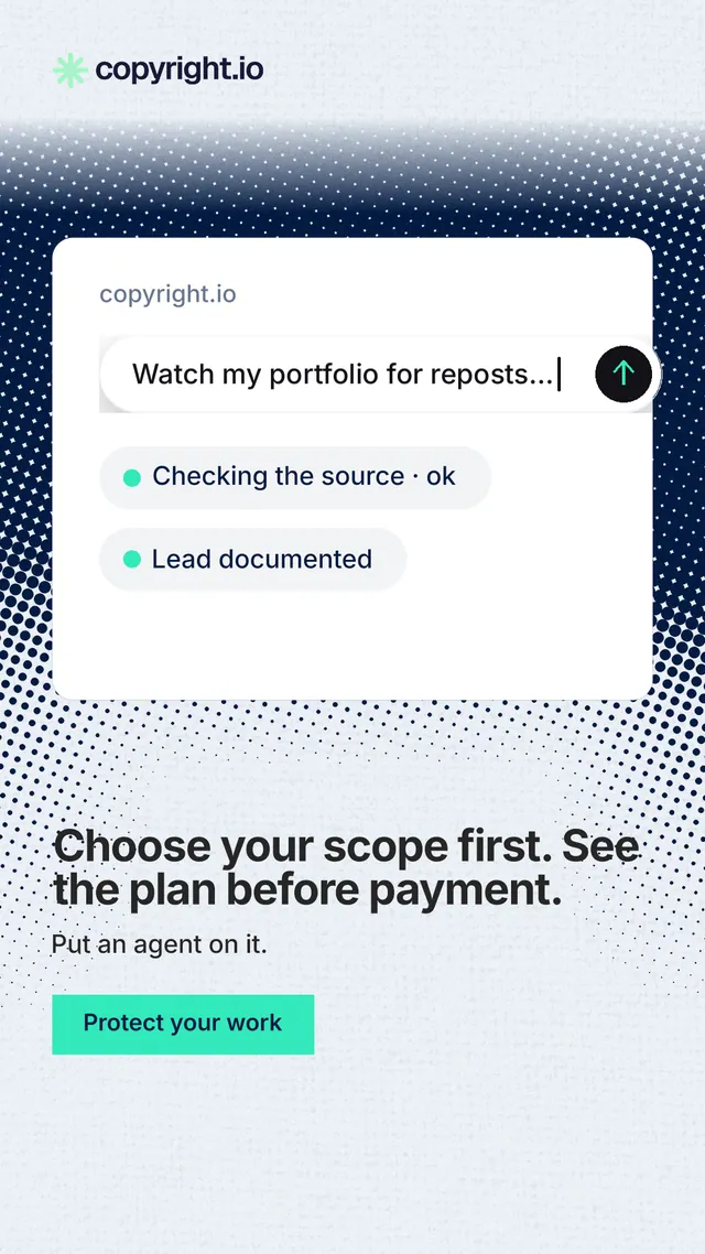 Instagram story for copyright.io: "Choose your scope first. See the plan before payment." Swiss style, bottom layout, light palette in white, teal, grey.
