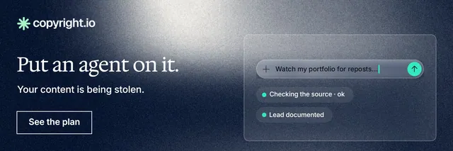X header for copyright.io: "Put an agent on it." Cyanotype style, bottom layout, dark palette in grey, blue.