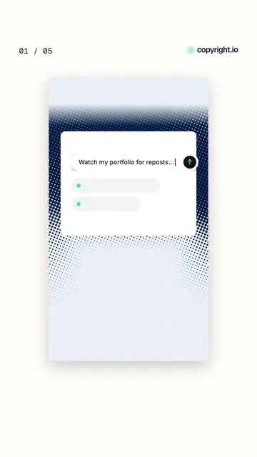Video for copyright.io. Ad flipbook, 7.5 s, light palette.