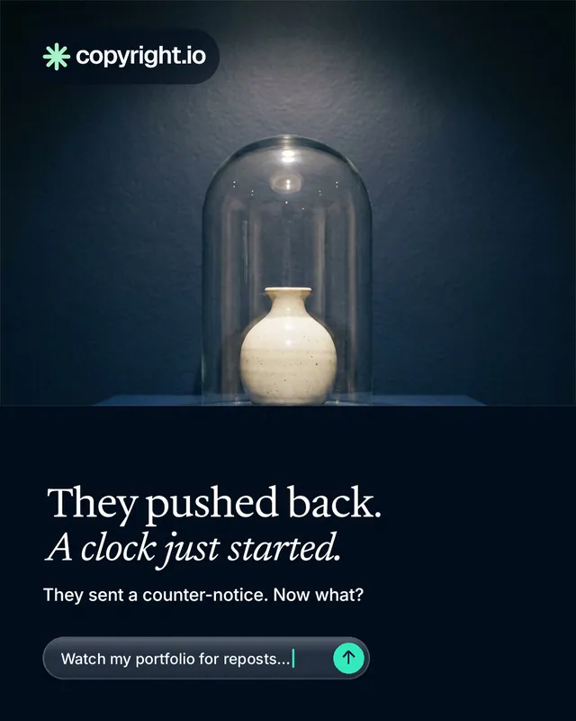 Instagram portrait post for copyright.io: "They pushed back. A clock just started." Agentic glass style, bottom layout, dark palette in blue, black, grey.