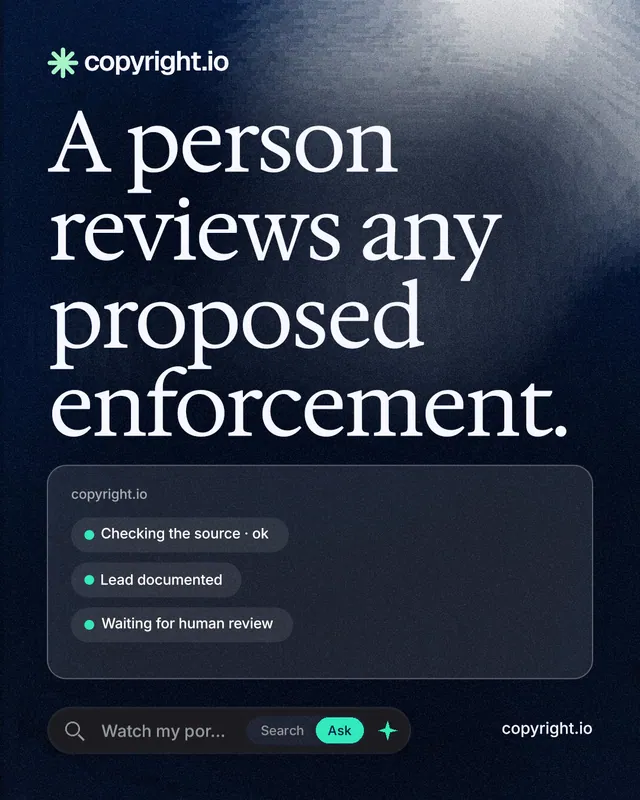 Instagram portrait post for copyright.io: "A person reviews any proposed enforcement." Thermal style, poster layout, dark palette in blue, black, grey.