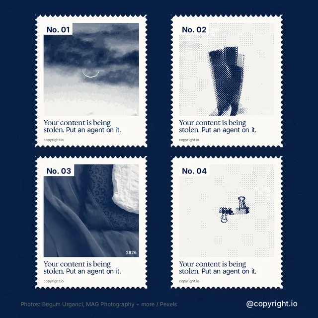 Instagram post for copyright.io: "Your content is being stolen. Put an agent on it." Sheet style, technique:stamp series layout, light palette in white, blue, grey.