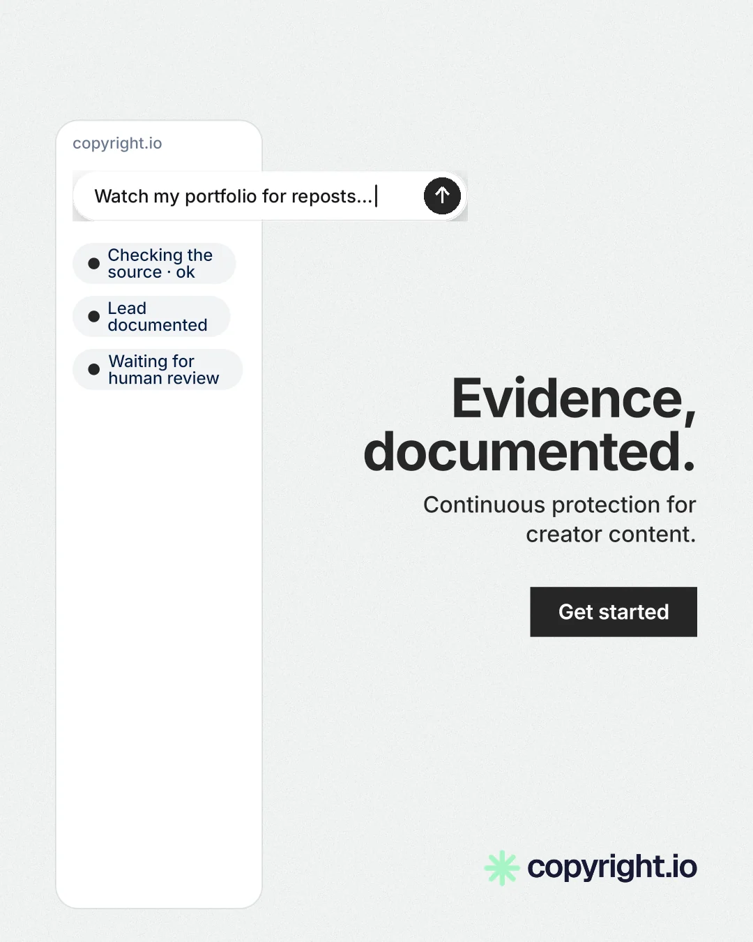 Instagram portrait post for copyright.io: "Evidence, documented." Swiss style, right layout, light palette in white.