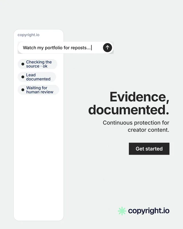 Instagram portrait post for copyright.io: "Evidence, documented." Swiss style, right layout, light palette in white.