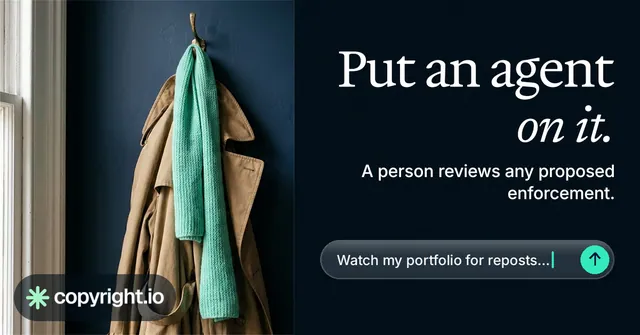 Social ad for copyright.io: "Put an agent on it." Agentic glass style, right layout, dark palette in black, grey.