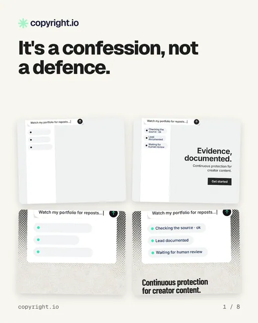Carousel for copyright.io: "It's a confession, not a defence.". Collection carousel, 8 slides, light palette.