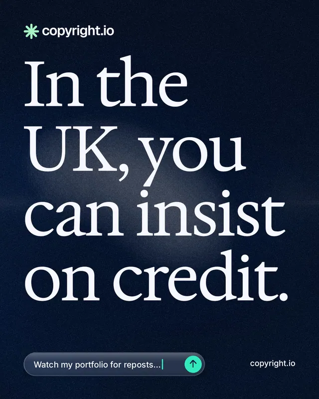 Instagram portrait post for copyright.io: "In the UK, you can insist on credit." Thermal style, poster layout, dark palette in blue, black, grey.
