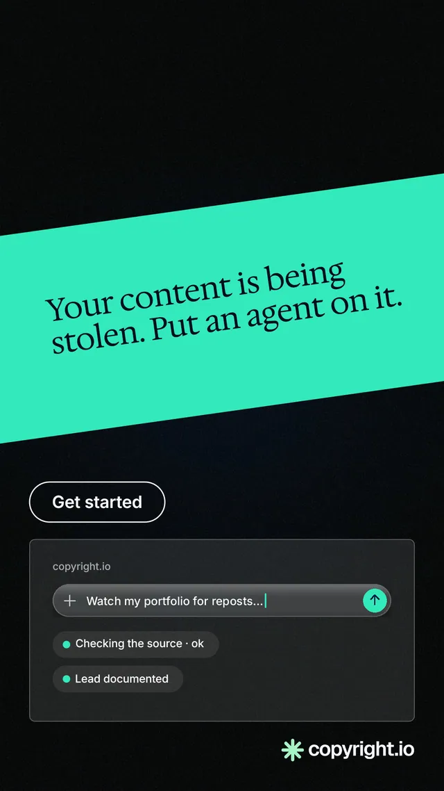 Instagram story for copyright.io: "Your content is being stolen. Put an agent on it." Phosphor atlas style, diagonal layout, dark palette in black, teal.
