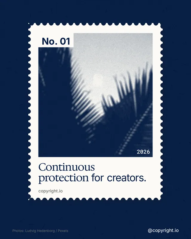 Instagram portrait post for copyright.io: "Continuous protection for creators." Single style, technique:stamp series layout, dark palette in blue, white.