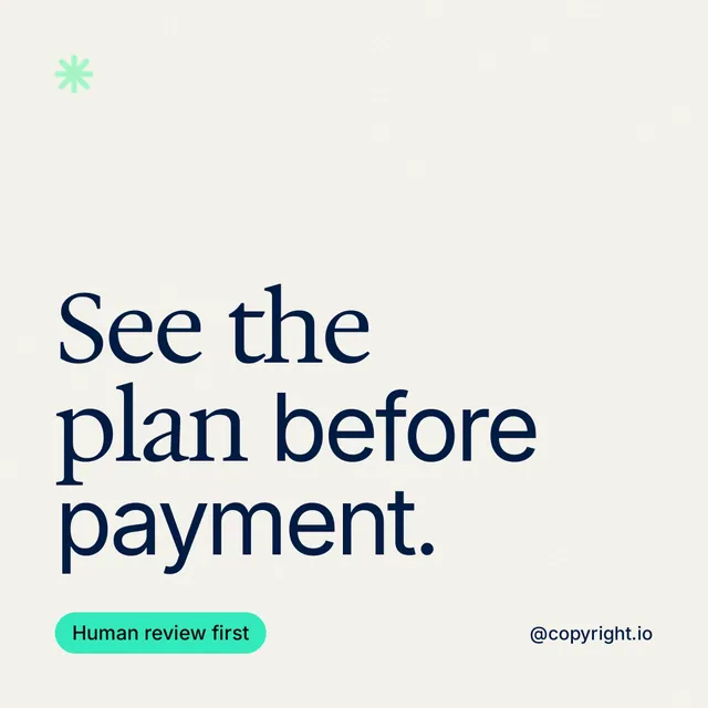 Instagram post for copyright.io: "See the plan before payment." Caption style, technique:mixed type lockup layout, light palette in white, grey.