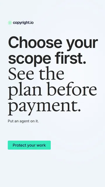 Video for copyright.io: "Choose your scope first. See the plan before payment.". Doc motion loop, 6.0 s, light palette.