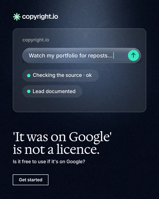 Instagram portrait post for copyright.io: "'It was on Google' is not a licence." Dark deco style, bottom layout, dark palette in black, blue, grey.