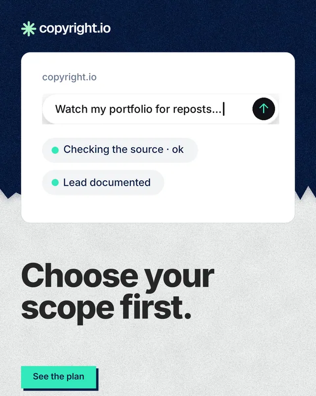 Instagram portrait post for copyright.io: "Choose your scope first." Paper trio style, bottom layout, light palette in white, blue.
