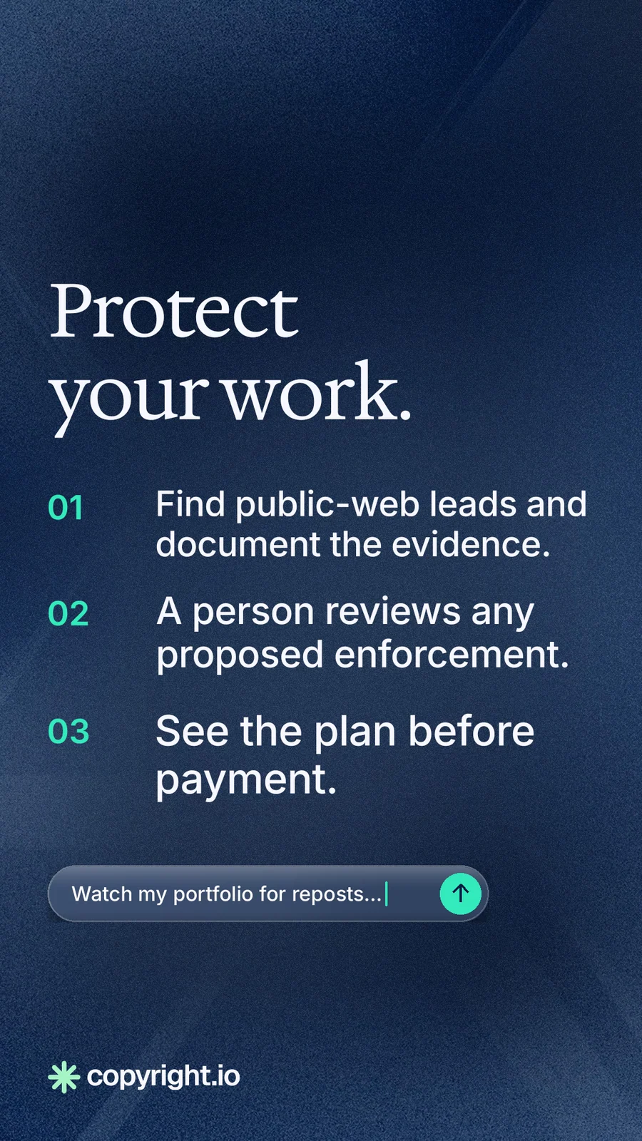 Instagram story for copyright.io: "Protect your work." Agentic glass style, numbered layout, dark palette in blue, grey.