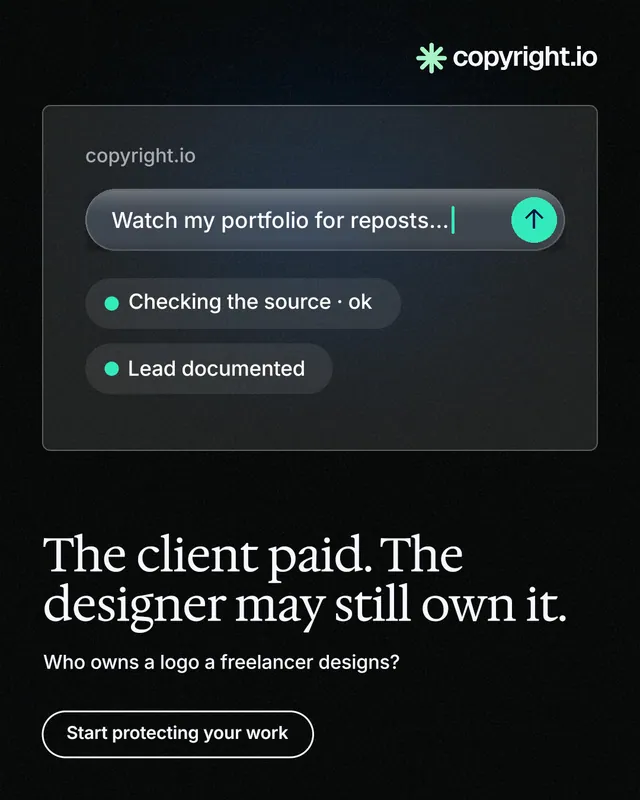 Instagram portrait post for copyright.io: "The client paid. The designer may still own it." Phosphor atlas style, bottom layout, dark palette in black, grey.