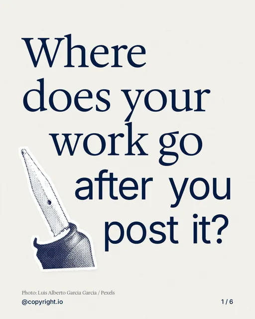 Carousel for copyright.io: "Where does your work go after you post it?". Cutout essay, 6 slides, light palette.