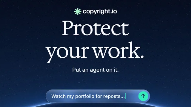Landscape graphic for copyright.io: "Protect your work." Agentic glass style, centred layout, dark palette in blue, black.