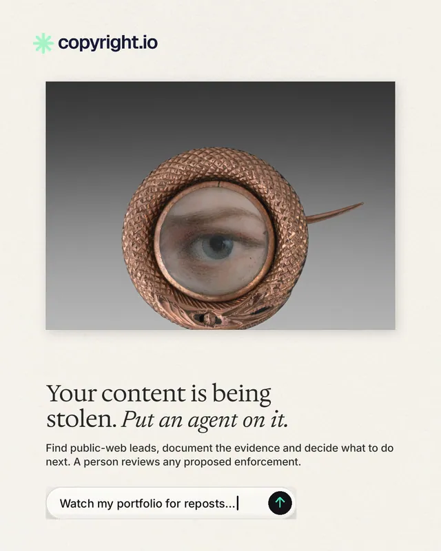 Instagram portrait post for copyright.io: "Your content is being stolen. Put an agent on it." Agentic glass style, bottom layout, light palette in grey, white.