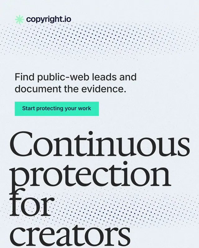 Instagram portrait post for copyright.io: "Continuous protection for creators." Swiss style, oversized layout, light palette in white, blue, grey.