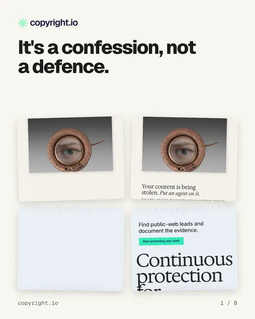 Carousel for copyright.io: "It's a confession, not a defence.". Collection carousel, 8 slides, light palette.