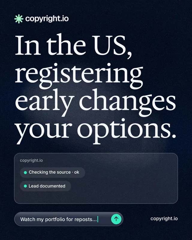 Instagram portrait post for copyright.io: "In the US, registering early changes your options." Thermal style, poster layout, dark palette in black, blue, grey.