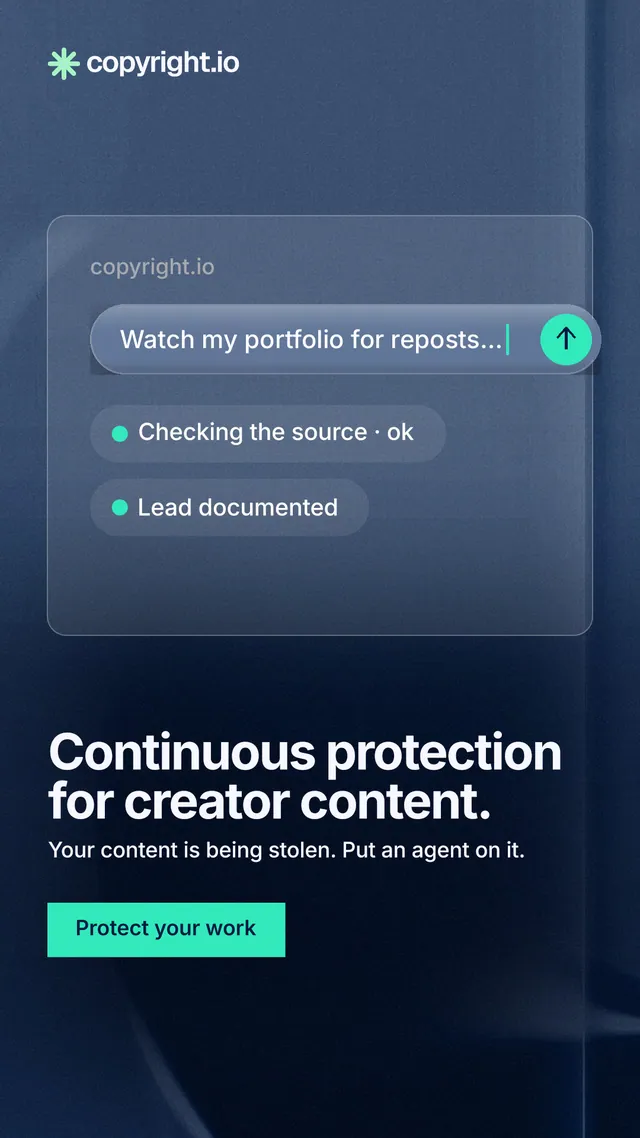 Instagram story for copyright.io: "Continuous protection for creator content." Swiss style, bottom layout, dark palette in blue, black.