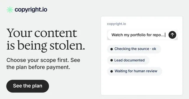 Social ad for copyright.io: "Your content is being stolen." Data card style, bottom layout, light palette in white, grey.