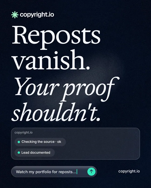 Instagram portrait post for copyright.io: "Reposts vanish. Your proof shouldn't." Thermal style, poster layout, dark palette in blue, black, grey.