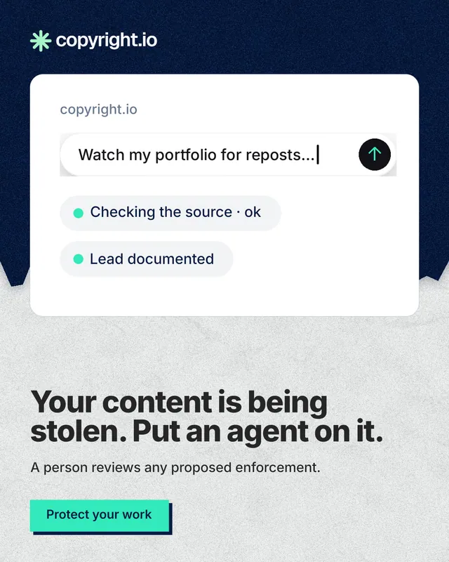 Instagram portrait post for copyright.io: "Your content is being stolen. Put an agent on it." Paper trio style, bottom layout, light palette in white, blue, grey.