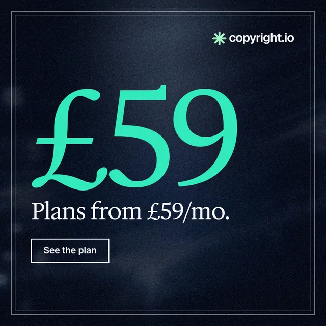 Instagram post for copyright.io: "Your content is being stolen. Put an agent on it." Dark deco style, stat layout, dark palette in blue, black, teal.