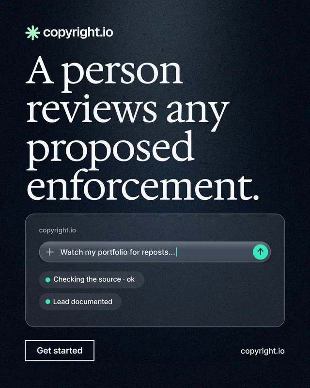 Instagram portrait post for copyright.io: "A person reviews any proposed enforcement." Dark deco style, poster layout, dark palette in black, blue, grey.