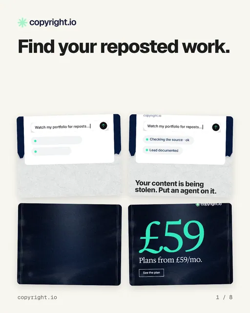 Carousel for copyright.io: "Find your reposted work.". Collection carousel, 8 slides, light palette.