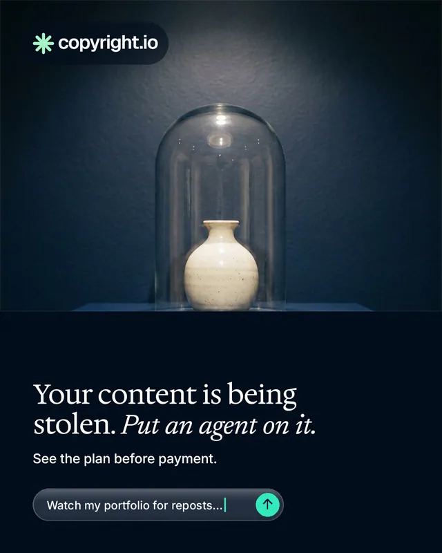 Instagram portrait post for copyright.io: "Your content is being stolen. Put an agent on it." Agentic glass style, bottom layout, dark palette in blue, black, grey.