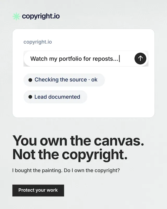 Instagram portrait post for copyright.io: "You own the canvas. Not the copyright." Swiss style, bottom layout, light palette in white, grey.